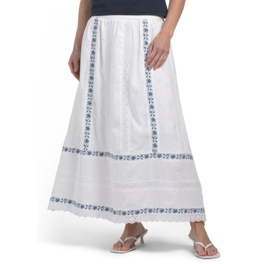 Caroline Constas XS Linen Blend Embroidered Maxi Skirt White Blue Boho Cottage
